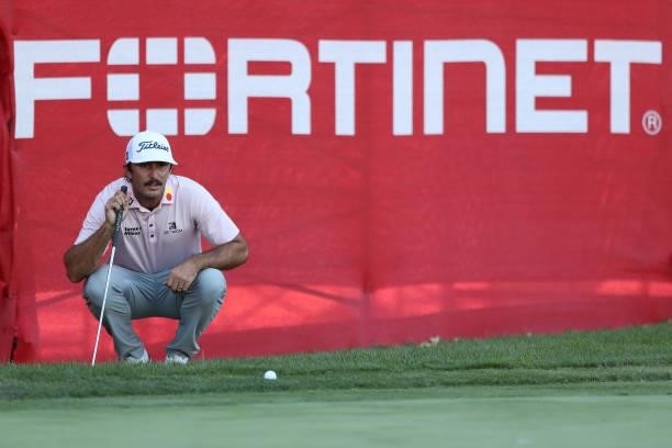 Max Homa lines up his putt on the 18th hole during the final round of the Fortinet Championship at Silverado Resort and Spa on September 19, 2021 in...
