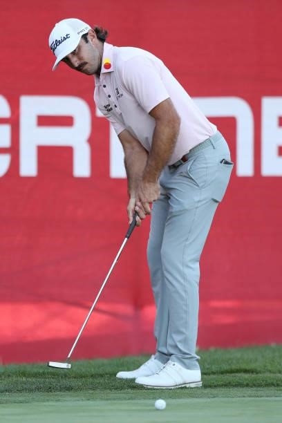 Max Homa putts on the 18th hole during the final round of the Fortinet Championship at Silverado Resort and Spa on September 19, 2021 in Napa,...