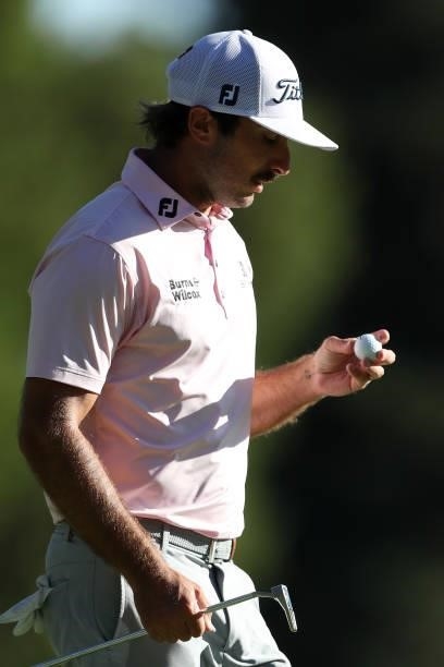 Max Homa reacts to a shot on the 14th hole during the final round of the Fortinet Championship at Silverado Resort and Spa on September 19, 2021 in...