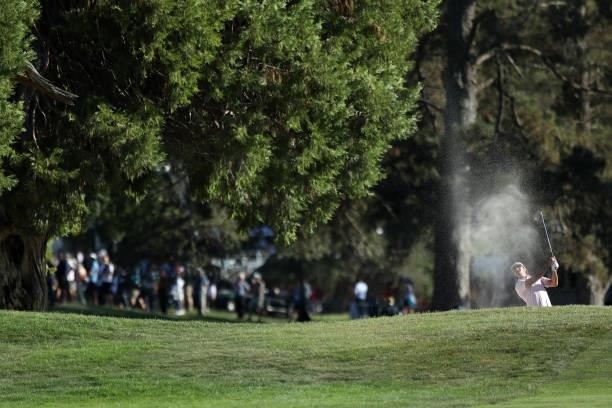 Max Homa hits from the bunker on the 14th hole during the final round of the Fortinet Championship at Silverado Resort and Spa on September 19, 2021...