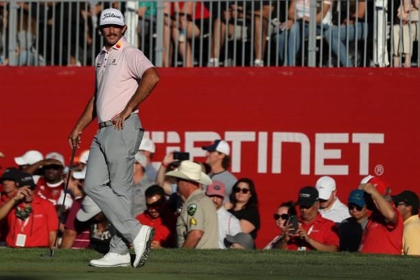Max Homa stands on the 18th hole green during the final round of the Fortinet Championship at Silverado Resort and Spa on September 19, 2021 in Napa,...