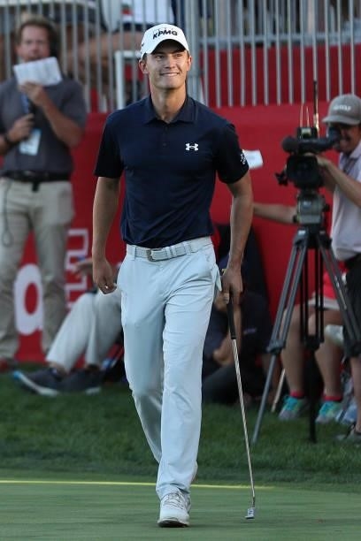 Maverick McNealy reacts to his putt on the 18th hole during the final round of the Fortinet Championship at Silverado Resort and Spa on September 19,...