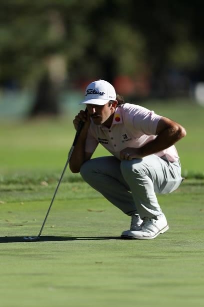 Max Homa lines up his putt on the 14th hole during the final round of the Fortinet Championship at Silverado Resort and Spa on September 19, 2021 in...