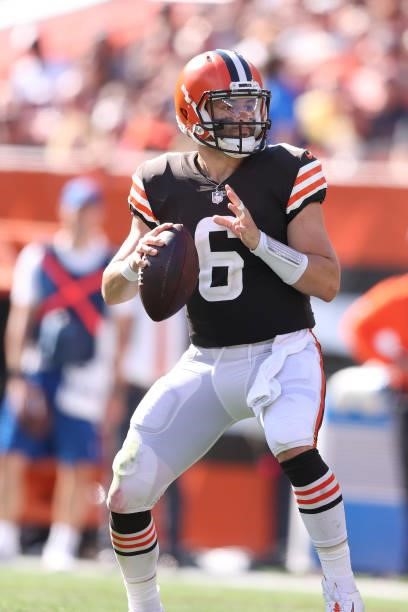 Baker Mayfield of the Cleveland Browns plays against the Houston Texans at FirstEnergy Stadium on September 19, 2021 in Cleveland, Ohio. Cleveland...