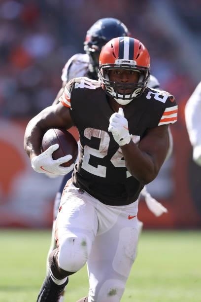 Nick Chubb of the Cleveland Browns plays against the Houston Texans at FirstEnergy Stadium on September 19, 2021 in Cleveland, Ohio. Cleveland won...