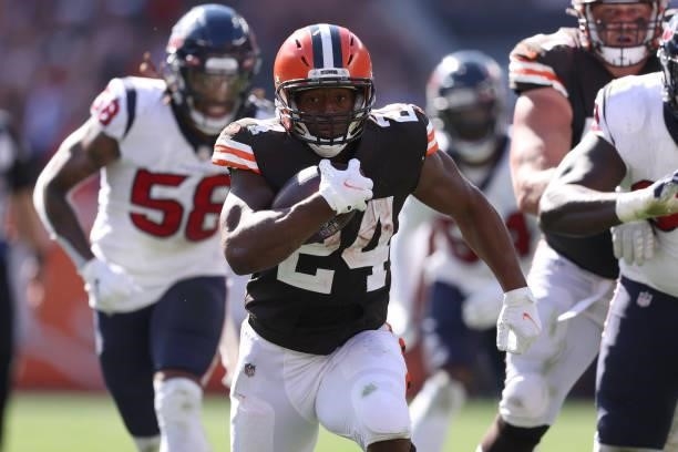 Nick Chubb of the Cleveland Browns plays against the Houston Texans at FirstEnergy Stadium on September 19, 2021 in Cleveland, Ohio. Cleveland won...