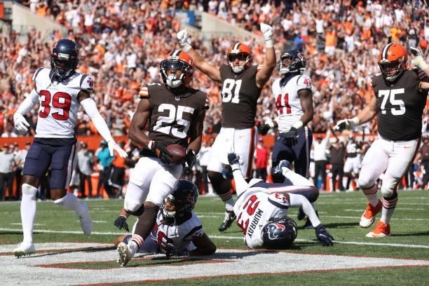 Running back Demetric Felton of the Cleveland Browns scores a touchdown during the second half against the Houston Texans at FirstEnergy Stadium on...