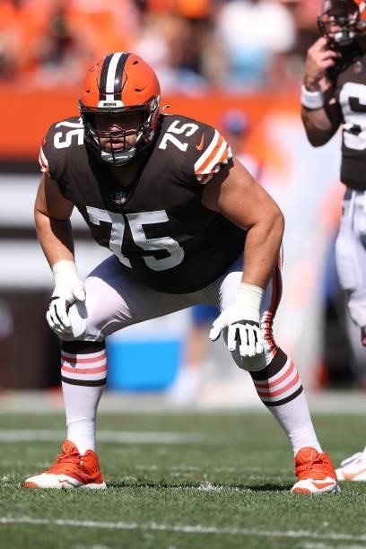 Joel Bitonio of the Cleveland Browns plays against the Houston Texans at FirstEnergy Stadium on September 19, 2021 in Cleveland, Ohio. Cleveland won...