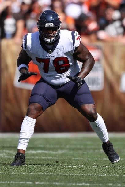 Laremy Tunsil of the Houston Texans plays against the Cleveland Browns at FirstEnergy Stadium on September 19, 2021 in Cleveland, Ohio. Cleveland won...