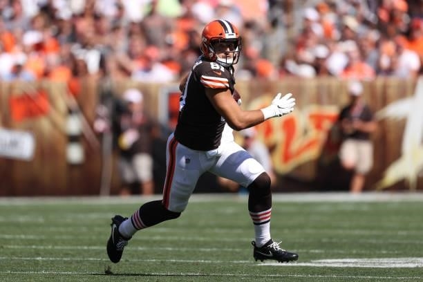 Austin Hooper of the Cleveland Browns plays against the Houston Texans at FirstEnergy Stadium on September 19, 2021 in Cleveland, Ohio. Cleveland won...