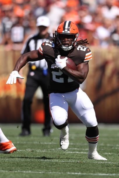 Kareem Hunt of the Cleveland Browns plays against the Houston Texans at FirstEnergy Stadium on September 19, 2021 in Cleveland, Ohio. Cleveland won...