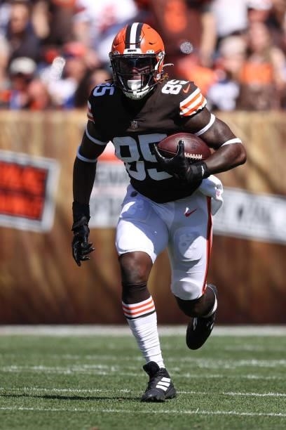 David Njoku of the Cleveland Browns plays against the Houston Texans at FirstEnergy Stadium on September 19, 2021 in Cleveland, Ohio. Cleveland won...