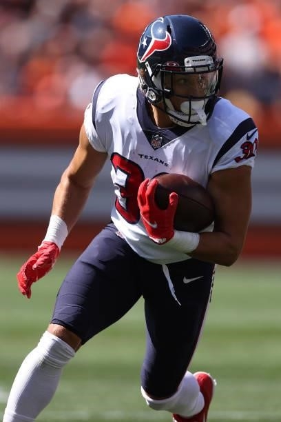 Phillip Lindsay of the Houston Texans plays against the Cleveland Browns at FirstEnergy Stadium on September 19, 2021 in Cleveland, Ohio. Cleveland...
