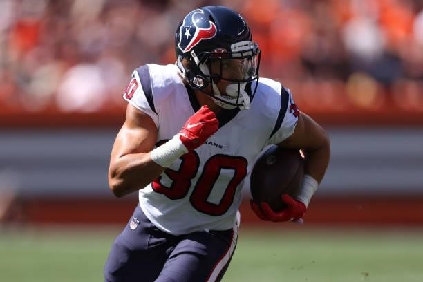 Phillip Lindsay of the Houston Texans plays against the Cleveland Browns at FirstEnergy Stadium on September 19, 2021 in Cleveland, Ohio. Cleveland...