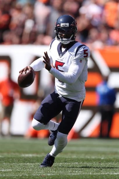 Tyrod Taylor of the Houston Texans plays against the Cleveland Browns at FirstEnergy Stadium on September 19, 2021 in Cleveland, Ohio. Cleveland won...