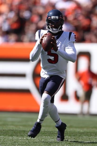 Tyrod Taylor of the Houston Texans plays against the Cleveland Browns at FirstEnergy Stadium on September 19, 2021 in Cleveland, Ohio. Cleveland won...