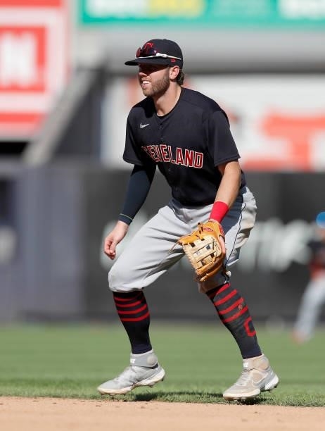 Owen Miller of the Cleveland Indians in action against the New York Yankees at Yankee Stadium on September 18, 2021 in New York City. The Indians...