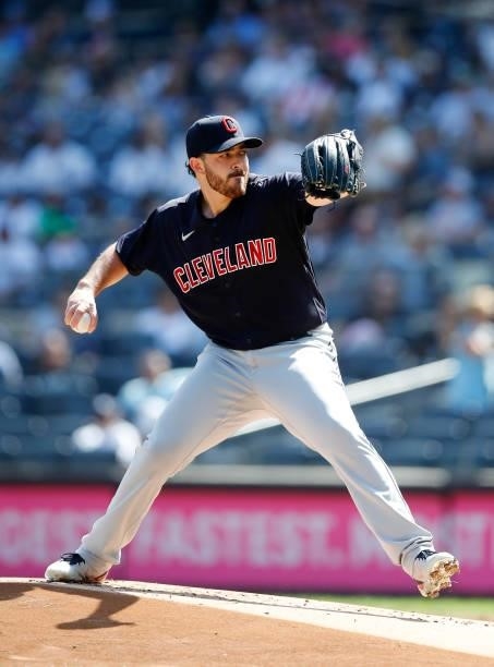 Aaron Civale of the Cleveland Indians in action against the New York Yankees at Yankee Stadium on September 18, 2021 in New York City. The Indians...