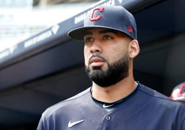 Mejia of the Cleveland Indians looks on before a game against the New York Yankees at Yankee Stadium on September 18, 2021 in New York City. The...