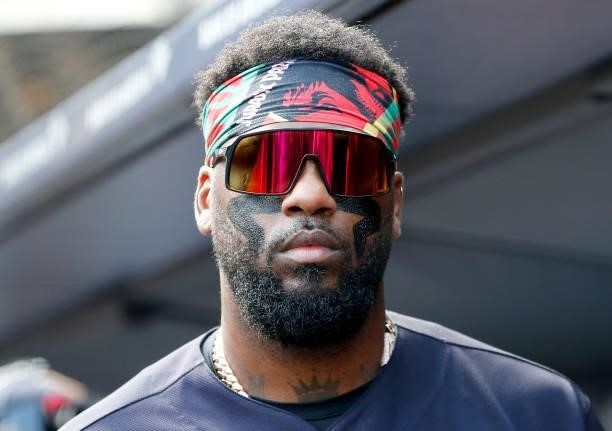 Franmil Reyes of the Cleveland Indians looks on before a game against the New York Yankees at Yankee Stadium on September 18, 2021 in New York City....