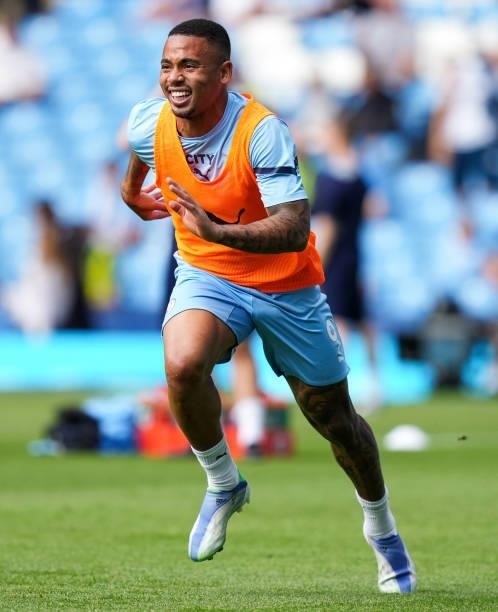 Gabriel Jesus of Manchester City warms up during the Premier League match between Manchester City and Southampton at Etihad Stadium on September 18,...