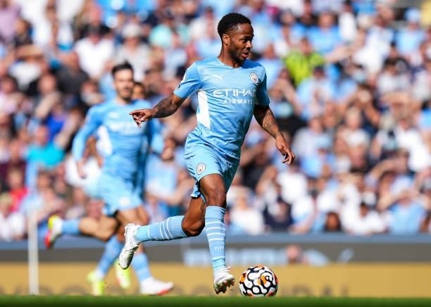Raheem Sterling of Manchester City during the Premier League match between Manchester City and Southampton at Etihad Stadium on September 18, 2021 in...