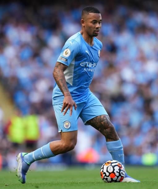 Gabriel Jesus of Manchester City during the Premier League match between Manchester City and Southampton at Etihad Stadium on September 18, 2021 in...