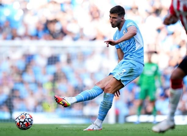 Ruben Dias of Manchester City during the Premier League match between Manchester City and Southampton at Etihad Stadium on September 18, 2021 in...