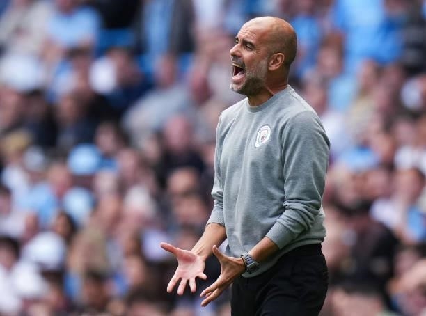 Pep Guardiola, manager of Manchester City reacts during the Premier League match between Manchester City and Southampton at Etihad Stadium on...