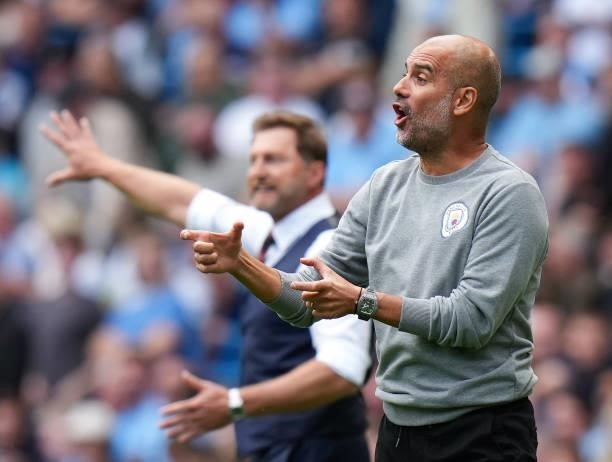 Pep Guardiola, manager of Manchester City reacts during the Premier League match between Manchester City and Southampton at Etihad Stadium on...