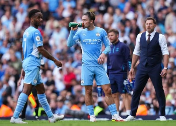 Jack Grealish of Manchester City drinks from a Gatorade bottle during the Premier League match between Manchester City and Southampton at Etihad...