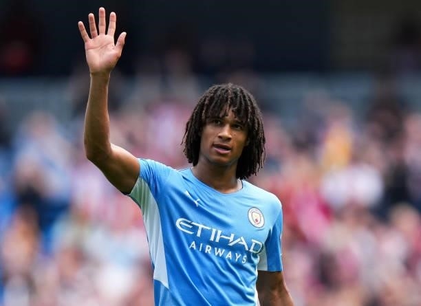Nathan Ake of Manchester City waves to the fans during the Premier League match between Manchester City and Southampton at Etihad Stadium on...