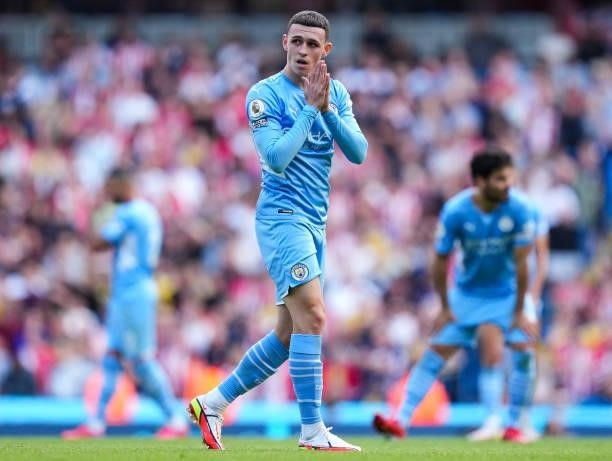 Phil Foden of Manchester City reacts after a disallowed goal during the Premier League match between Manchester City and Southampton at Etihad...