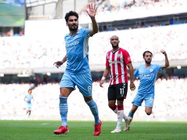 Ilkay Gundogan of Manchester City reacts during the Premier League match between Manchester City and Southampton at Etihad Stadium on September 18,...