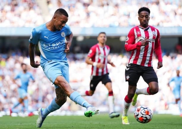 Gabriel Jesus of Manchester City in action during the Premier League match between Manchester City and Southampton at Etihad Stadium on September 18,...