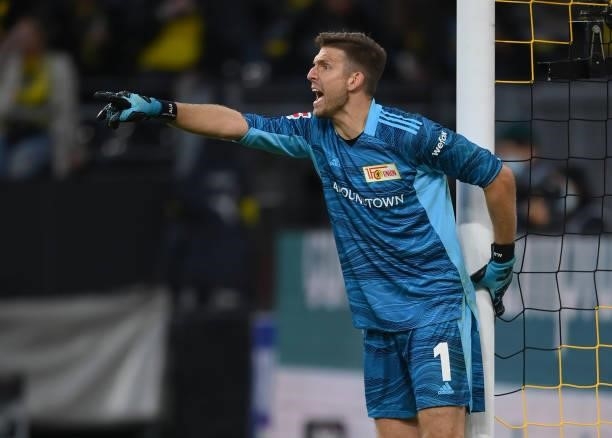 Goalkeeper Andreas Luthe of Union Berlin gestures during the Bundesliga match between Borussia Dortmund and 1. FC Union Berlin at Signal Iduna Park...
