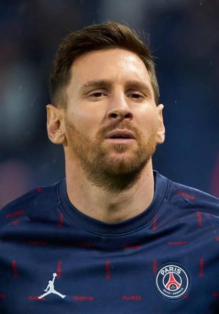 Lionel Messi of Paris Saint Germain looks on prior to the Ligue 1 Uber Eats match between Paris Saint Germain and Lyon at Parc des Princes on...