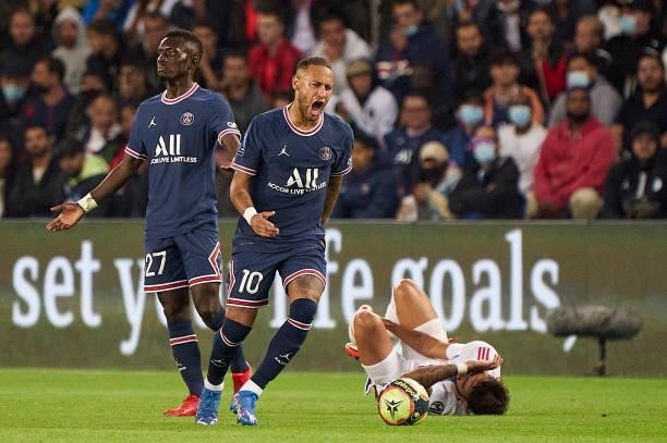 Neymar Jr of Paris Saint Germain reacts during the Ligue 1 Uber Eats match between Paris Saint Germain and Lyon at Parc des Princes on September 19,...