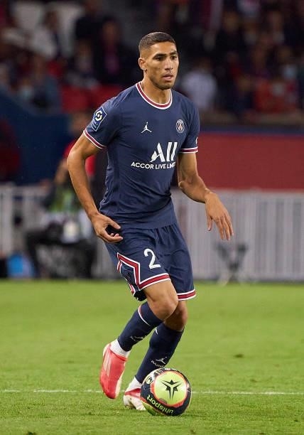 Achraf Hakimi of Paris Saint Germain runs with the ball during the Ligue 1 Uber Eats match between Paris Saint Germain and Lyon at Parc des Princes...