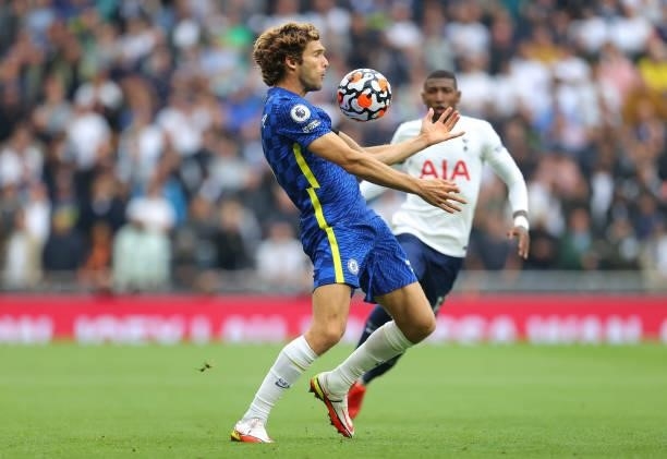 Marcos Alonso of Chelsea controls the ball during the Premier League match between Tottenham Hotspur and Chelsea at Tottenham Hotspur Stadium on...