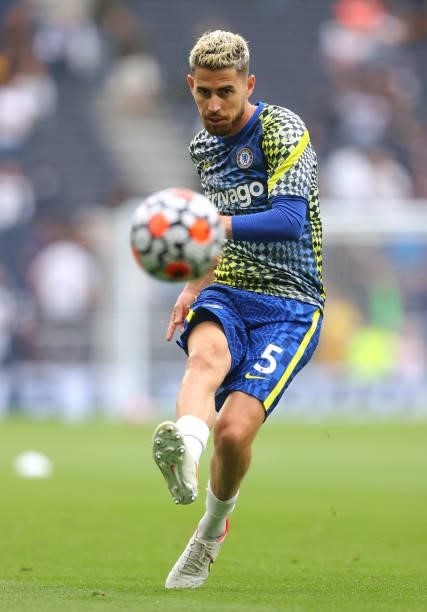 Jorginho of Chelsea warms up prior to the Premier League match between Tottenham Hotspur and Chelsea at Tottenham Hotspur Stadium on September 19,...