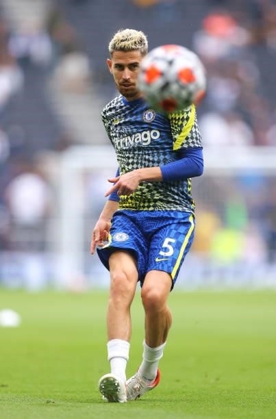 Jorginho of Chelsea warms up prior to the Premier League match between Tottenham Hotspur and Chelsea at Tottenham Hotspur Stadium on September 19,...