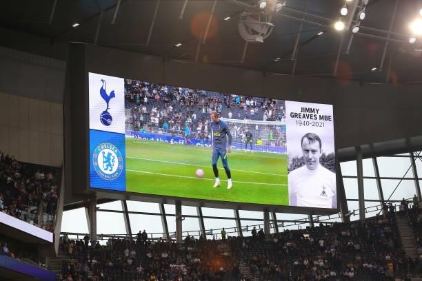 Giant screen gives tribute to Jimmy Greaves prior the Premier League match between Tottenham Hotspur and Chelsea at Tottenham Hotspur Stadium on...