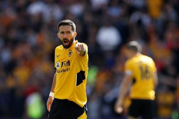 Joao Moutinho of Wolverhampton Wanderers gives his team instructions during the Premier League match between Wolverhampton Wanderers and Brentford at...