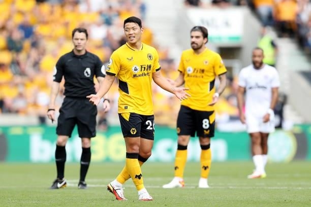 Hee-chan Hwang of Wolverhampton Wanderers reacts during the Premier League match between Wolverhampton Wanderers and Brentford at Molineux on...