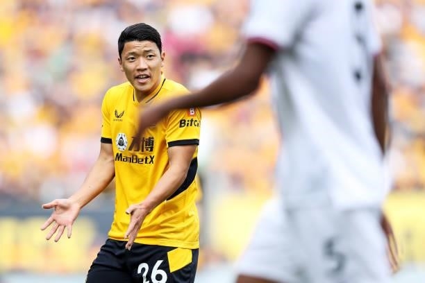 Hee-chan Hwang of Wolverhampton Wanderers reacts during the Premier League match between Wolverhampton Wanderers and Brentford at Molineux on...