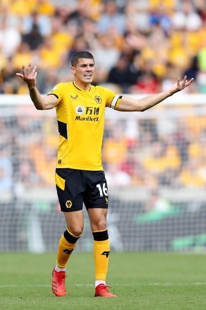 Conor Coady of Wolverhampton Wanderers reacts during the Premier League match between Wolverhampton Wanderers and Brentford at Molineux on September...