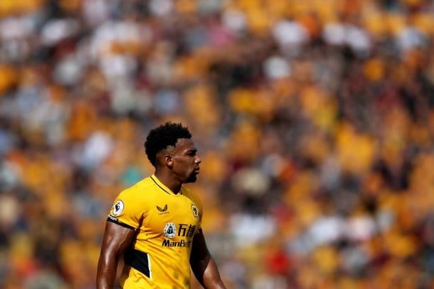 Adama Traore of Wolverhampton Wanderers looks on during the Premier League match between Wolverhampton Wanderers and Brentford at Molineux on...