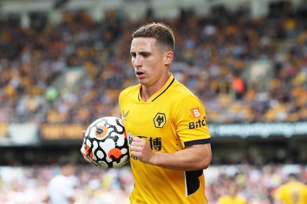 Daniel Podence of Wolverhampton Wanderers prepares to take a corner during the Premier League match between Wolverhampton Wanderers and Brentford at...