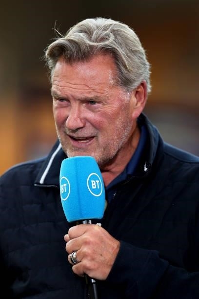 Glen Hoddle is seen speaking on BT Sport following the Premier League match between Wolverhampton Wanderers and Brentford at Molineux on September...